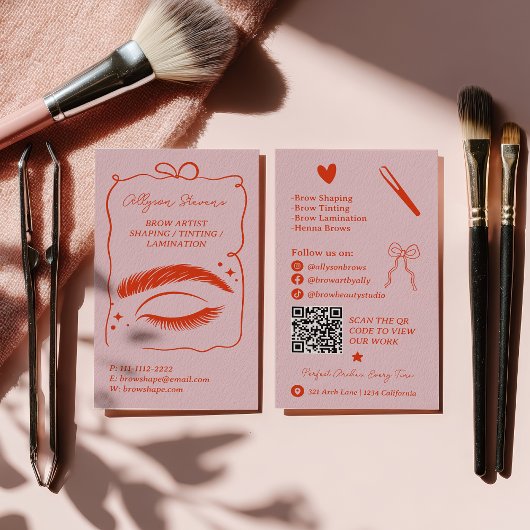 Retro Pink Red Doodles Brow Artist QR Code Visitekaartje