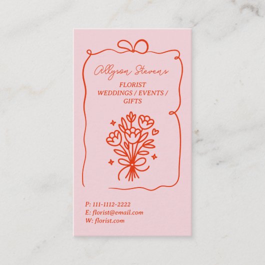 Retro Pink Red Doodles Florist Artist QR Code Visitekaartje (Voorkant)