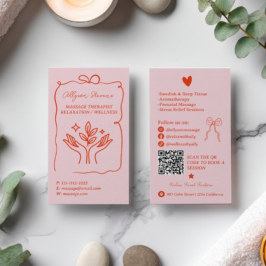 Retro Pink Red Doodles Massage Therapist QR Code Visitekaartje