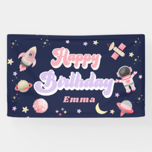 Retro Pink Space Happy Birthday-banner Spandoek