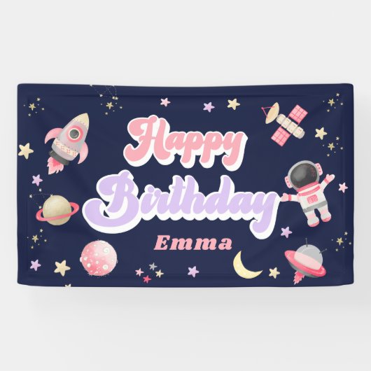 Retro Pink Space Happy Birthday-banner Spandoek (Horizontaal)