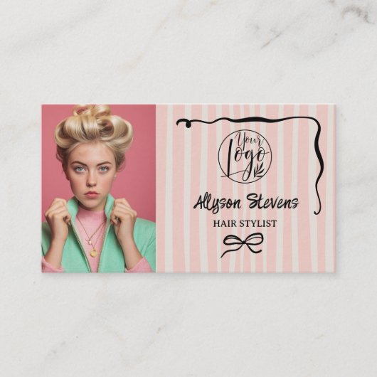 Retro Pink Striped Quirky Hair photo qr code Logo Visitekaartje (Voorkant)