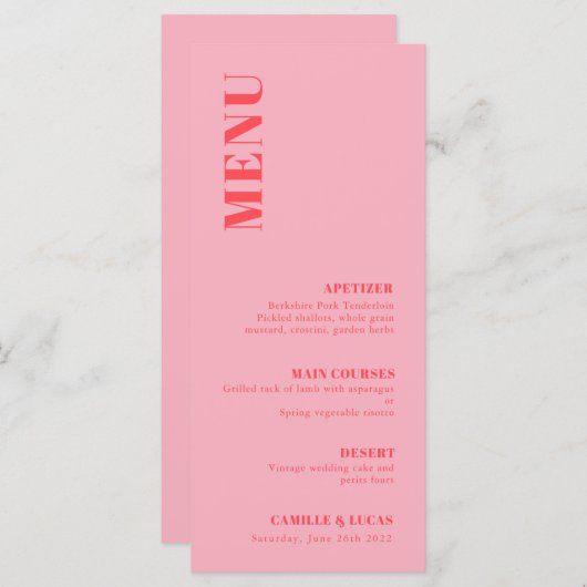 Retro Pink Trendy Wedding Menu (Voorkant / Achterkant)