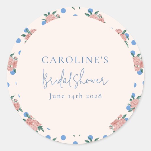 Retro Pioen Bloemendesign Blauwe Stippen Bruiloft Ronde Sticker (Voorkant)