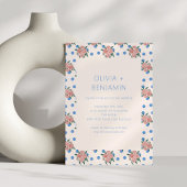 Retro Pioen Bloementuin Blauwe Stippen Bruiloft Kaart