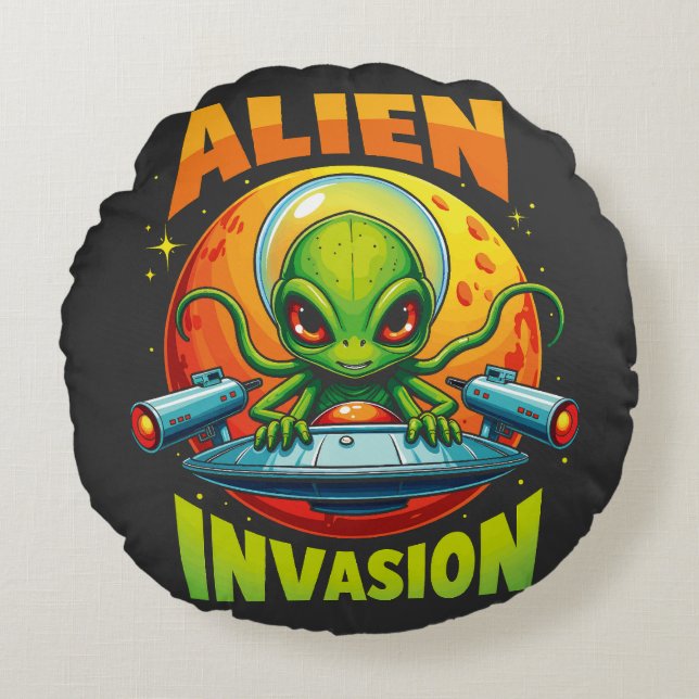 Retro Pixel Alien Invasion Rond Kussen (Voorkant)