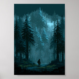 Retro Pixel Art Eenzame Reiziger in een Besneeuwde Poster