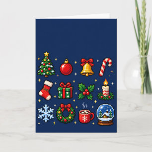 Retro Pixel Art Kerst Iconen Raster op Donkerblauw Feestdagen Kaart