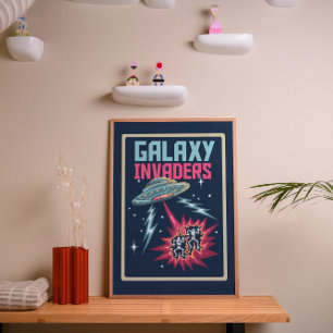Retro Pixel Art Neon Roze en Turquoise Galaxy Inva Poster