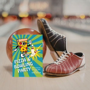 Retro Pizza en Bowling Verjaardagsuitnodiging Kaart