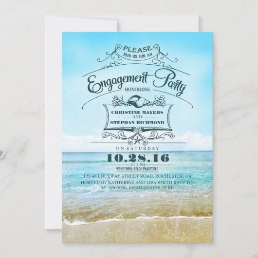 Retro plage bleu ombre fiançailles invitations (Devant)