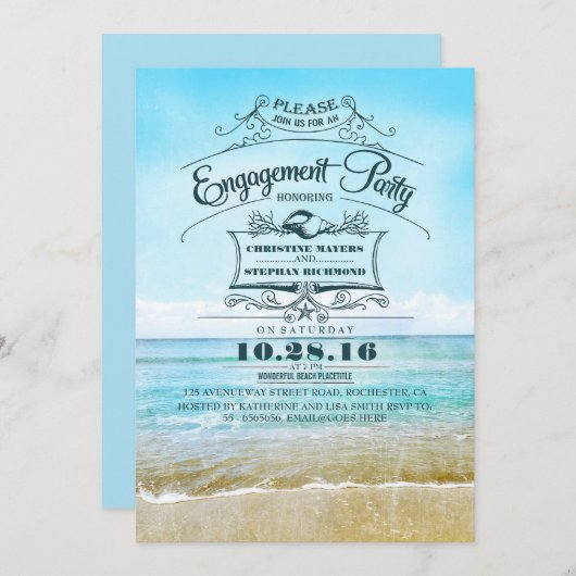 Retro plage bleu ombre fiançailles invitations (Devant / Derrière)