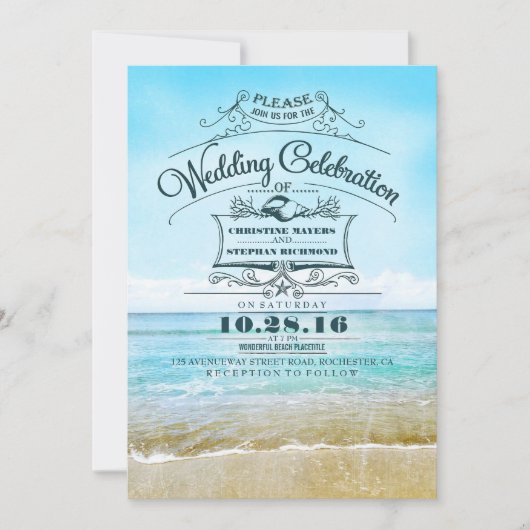 Retro plage invitation mariage bleu mer (Devant)