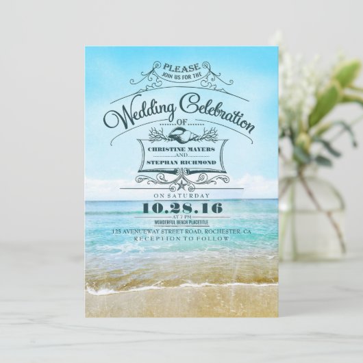 Retro plage invitation mariage bleu mer (Debout devant)