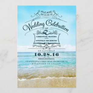 Retro plage invitation mariage bleu mer
