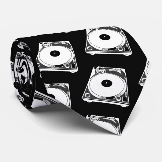 Retro Platenspeler Grafisch in Wit Stropdas (Opgerold)