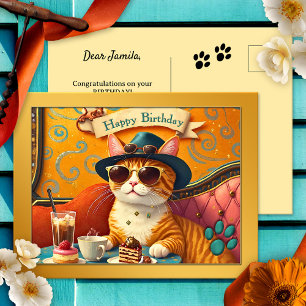 Retro Plezier Kat en Taart Verjaardag Briefkaart