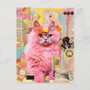 Retro pluizige roze kat collage briefkaart