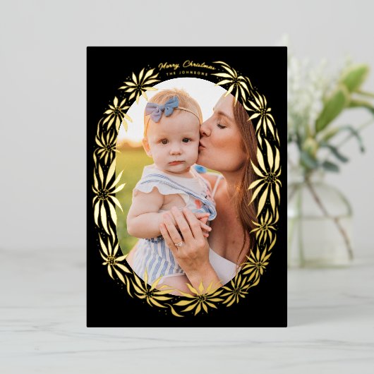 Retro Poinsettia Ovaal Lijst Foto Folie Feestdagenkaart (Staand Voorkant)