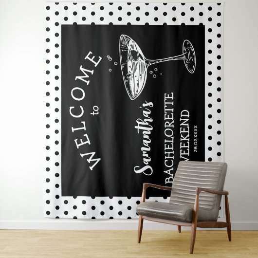 Retro Polka Bachelorette Party Achtergrond Cocktai Wandkleed (In situ)