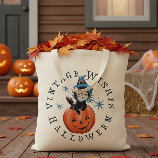 Retro Pompoen Kat  Halloween Wishes Tote Bag