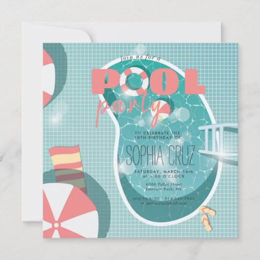 Retro Pool Party Birthday Uitnodiging (Voorkant)