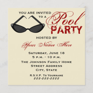 Retro Pool Party Invitation Cat Eye Sunbril Kaart