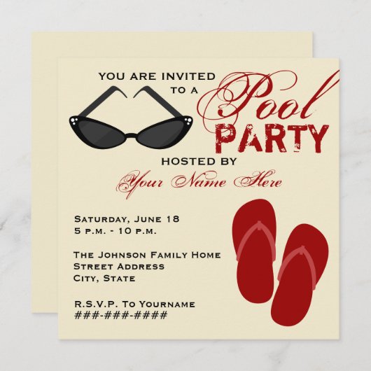 Retro Pool Party Invitations tongs et lunettes de (Devant / Derrière)