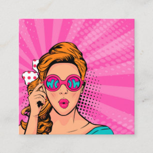 Retro Pop Art Blonde Lady Wow roze ID556 Vierkante Visitekaartje