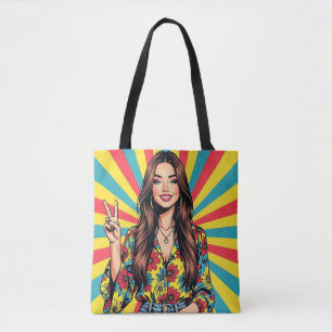 Retro Pop Art Dame geeft Vredesteken Draagtas