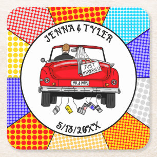 Retro Pop Art de heer & Mrs.   Alleen getrouwd Vierkante Kartonnen Onderzetter