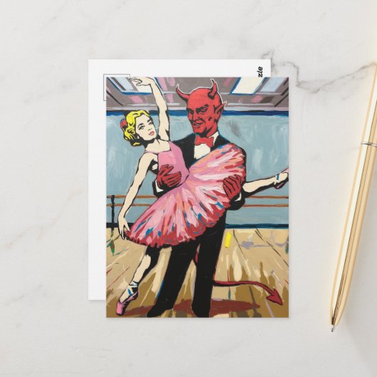 Retro Pop Art Devil met balletdanser Briefkaart (Voorkant / Achterkant in situ)