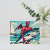 Retro Pop Art Devil met een Tunafish op het strand Briefkaart (Staand voorkant)