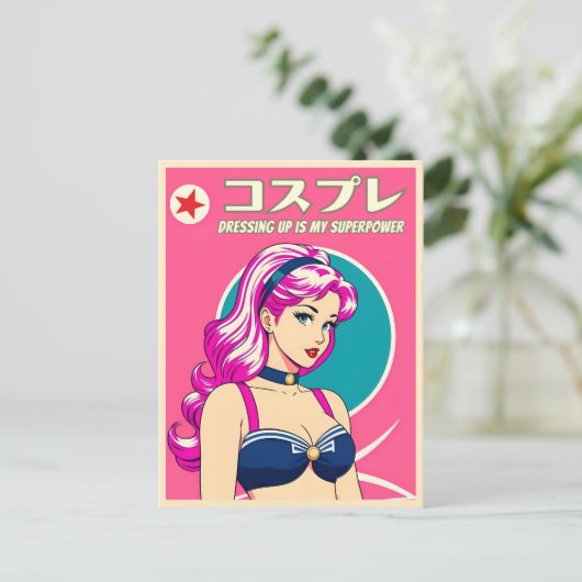 Retro Pop Art Japan Anime Cosplay Humor Briefkaart (Staand voorkant)