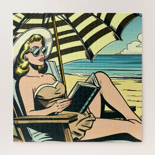 Retro Pop Art Lady op het strand Legpuzzel (Verticaal)