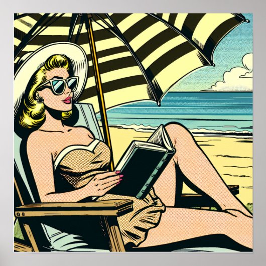 Retro Pop Art Lady op het strand Poster (Voorkant)