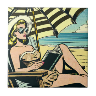 Retro Pop Art Lady op het strand Tegeltje