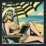 Retro Pop Art Lady sur la plage<br><div class="desc">Bande dessinée pop art noir et jaune style ai art représentant une femme lisant un livre sur la plage dans des lunettes de soleil et portant un chapeau de soleil sous un parapluie.</div>