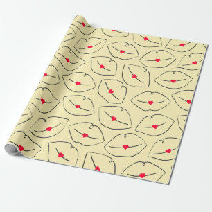 Retro Pop Art Lijn Kunst Lippen & Harten Geel Cadeaupapier