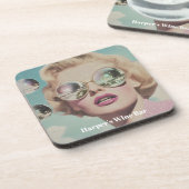 Retro Pop Art Roze en Blauwe Ruimte Vrouw Bier Onderzetter (Linkerzijde)
