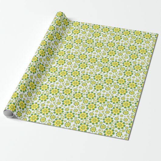 Retro Pop Flowers in geel en groen Cadeaupapier (Uitgerold)