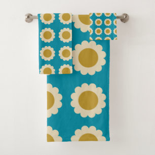 Retro Pop Flowers Pattern Turquoise Gold Bad Handdoek