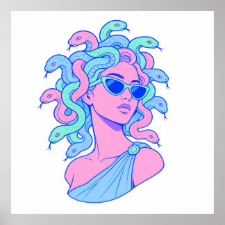 Retro-Pop Medusa Illustratie – Pastelkleurige Zonn Poster