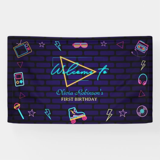 Retro Pop Neon Kinder Verjaardag Bash Spandoek (Horizontaal)