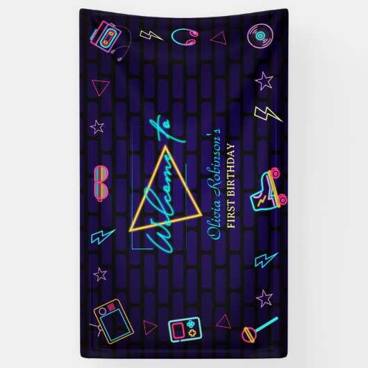 Retro Pop Neon Kinder Verjaardag Bash Spandoek (Verticaal)