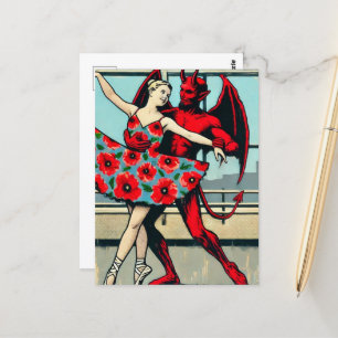 Retro PopArt Devil Met ballerina in een Poppy Jurk Briefkaart