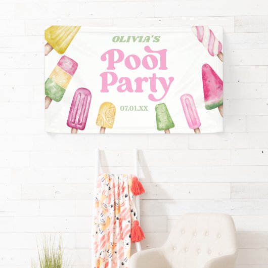 Retro Popsicle Verjaardag Zwembad Party Spandoek (Insitu)