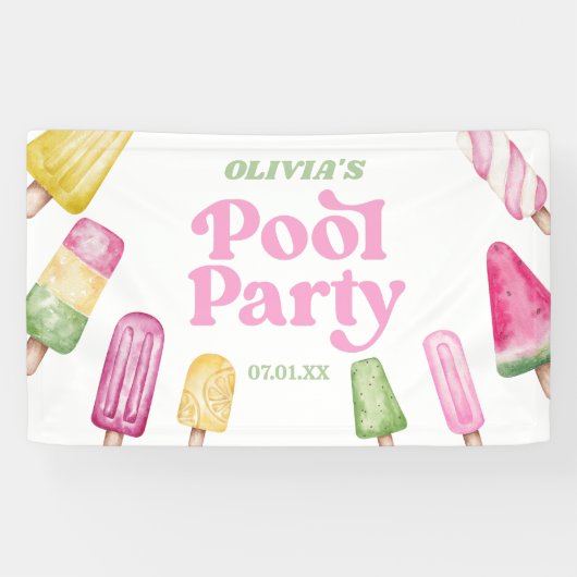 Retro Popsicle Verjaardag Zwembad Party Spandoek (Horizontaal)