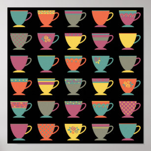 Retro porcelain tea cups, colorful coffee mugs poster