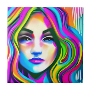Retro portret van een vrouw met regenboogkleurig h tegeltje